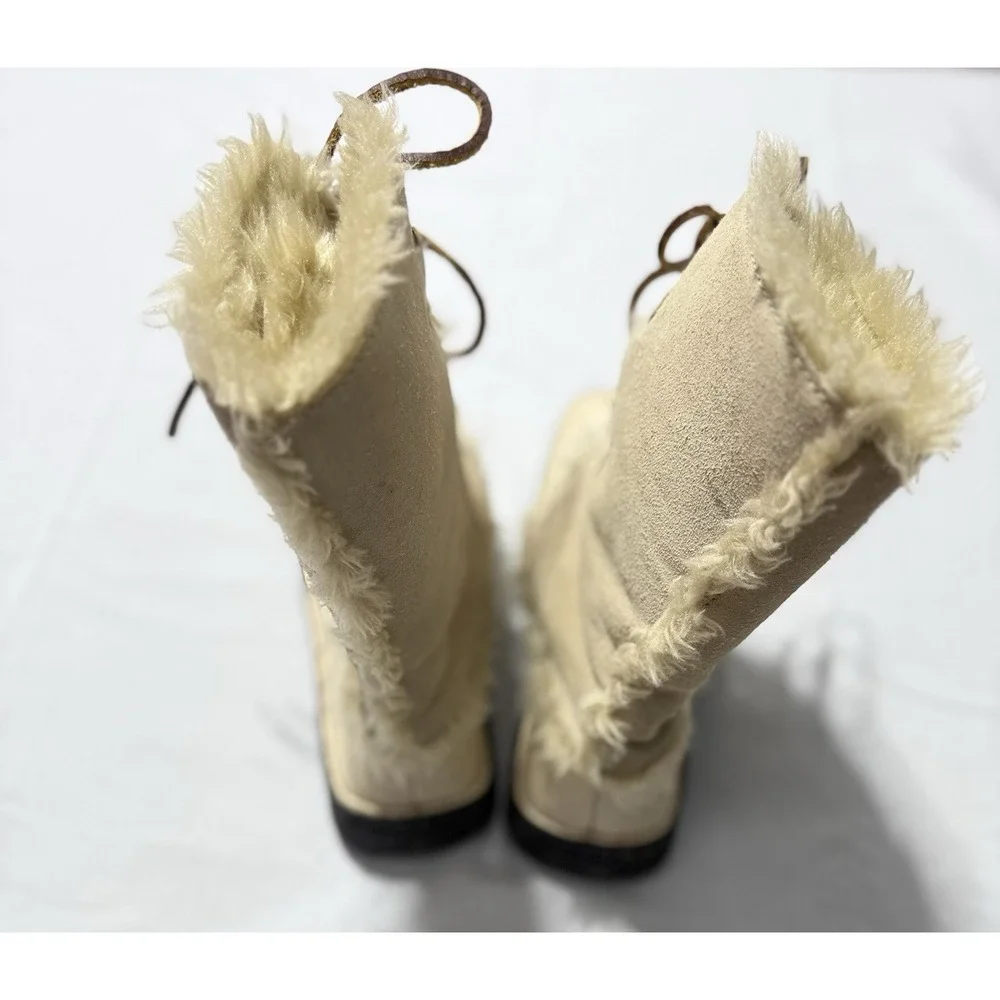 Cabela's Women's Mid Calf Winter Boots Size 6M Beige Leather Faux Fur Lined Lace